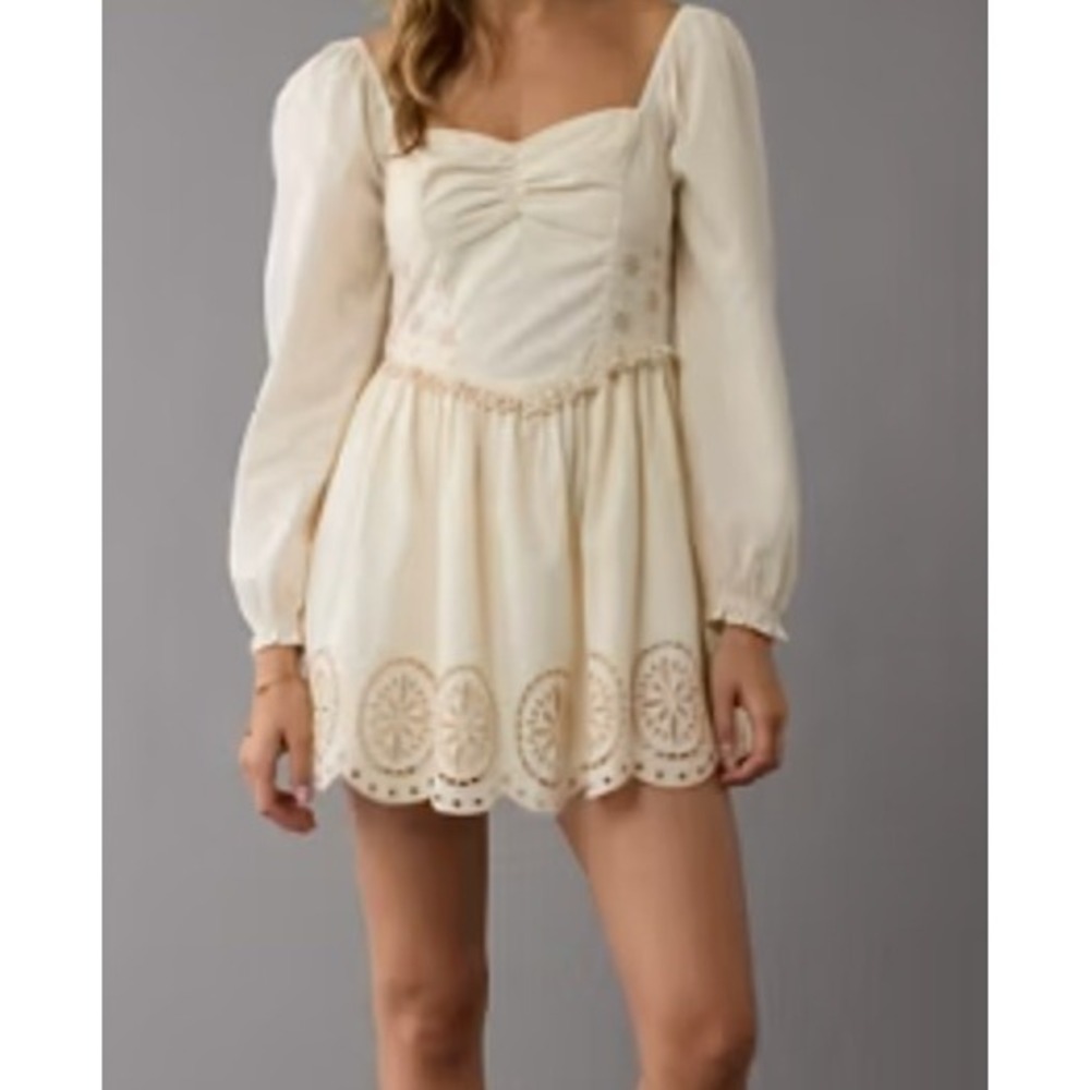 American Eagle Ivory Eyelet Embroidered‎ Long Sleeve Mini Dress Cream Small NEW